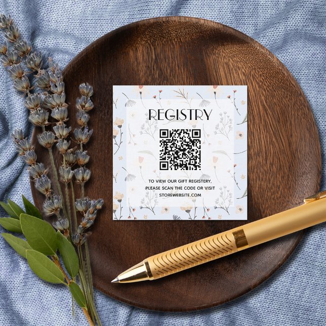 Registreringskod för QR för WildblommBlue Boy Baby Tilläggskort (Wildflowers on Blue Boy Baby Shower Registry QR Code Enclosure Cards)