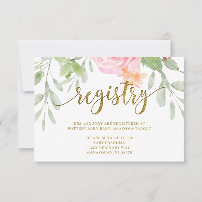 REGISTRERINGskort för rosa och Guld Baby Shower Tack Kort (Framsida)