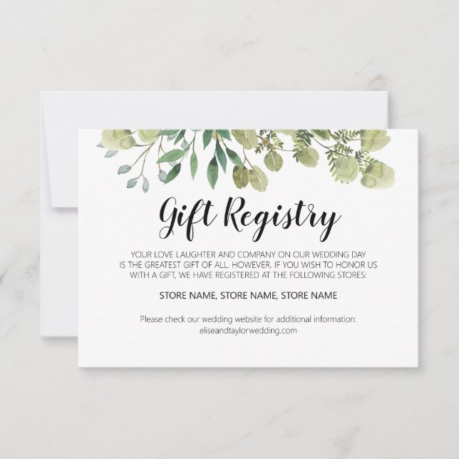 Registreringskort för Rustic Elegant Greenery Gift Anteckningskort (Framsida)