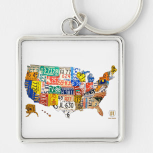 Registreringsskyltkarta av USA Keychain Fyrkantig Silverfärgad Nyckelring