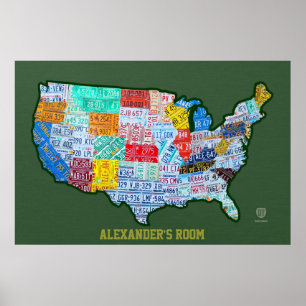 Registreringsskyltkarta av USA på grön Poster