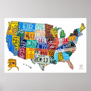 Registreringsskyltkarta av USA på vit 2014 Poster