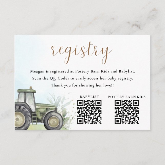 Registret EDITABLE Grönt Tractor Baby Shower Regis Tilläggskort (Framsida)