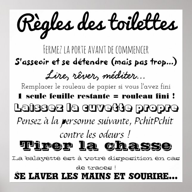 Règles des toalettes poster (Framsidan)
