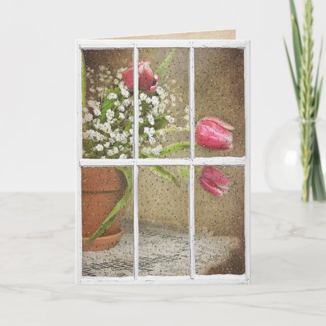 regn på fönster med tulip bouquet kort (Framsida)