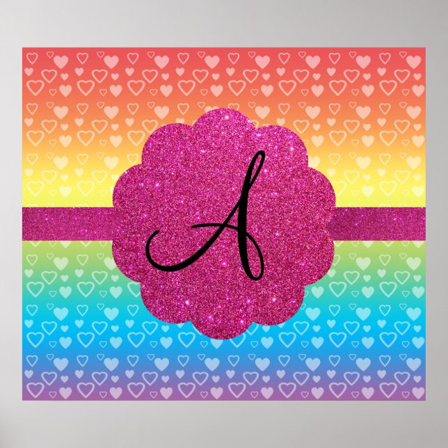 Regnbådhjärtan rosa glitter monogram poster (Framsidan)