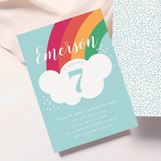Regnbådmolnbarn födelsedagsfest inbjudan (Kids Rainbow Birthday Party Invitations.)