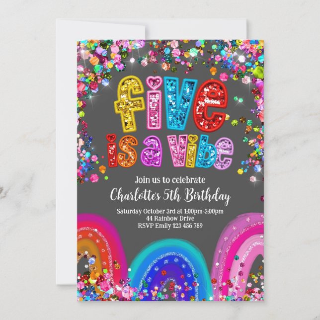 Regnbådsinbjudan, 5:e födelsedag, ljus inbjudningar (Framsida)