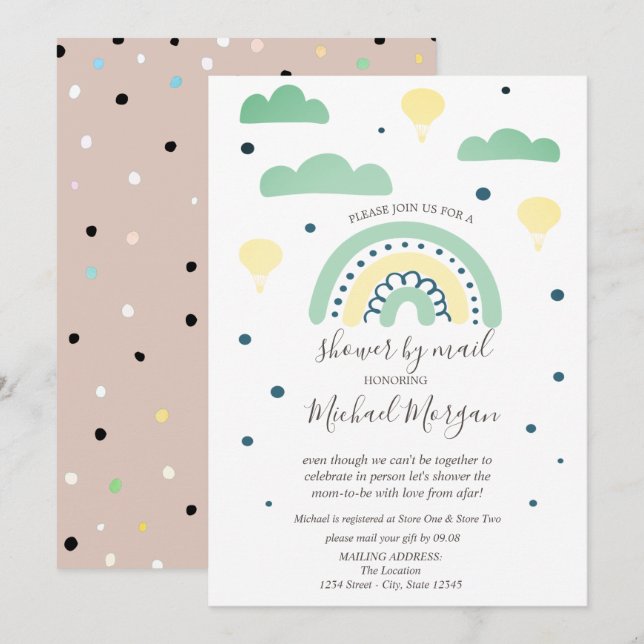 Regnbågar,Moln,Prickar Virtuell Baby Shower Per Po Inbjudningar (Fram/baksida)