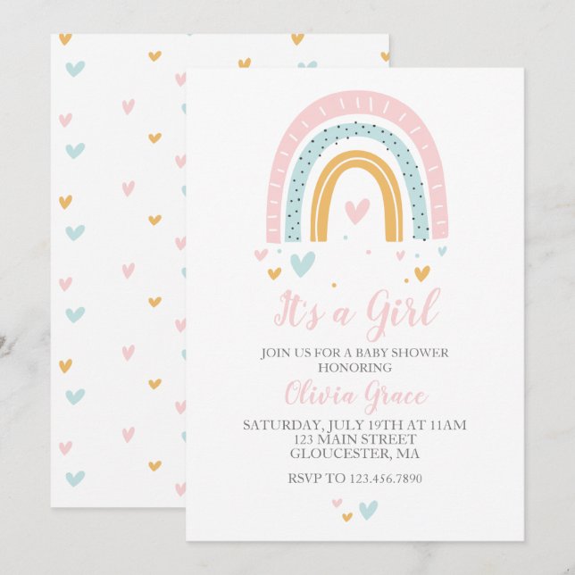 Regnbågar och Hjärtan Flicka Bebis-babyshower Past Inbjudningar (Fram/baksida)