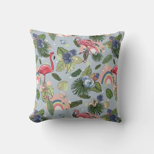 regnbågar och rosa flamingos i tropiska löv och kudde (Framsida)