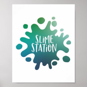 Regnbågblått, grönt slime station party poster