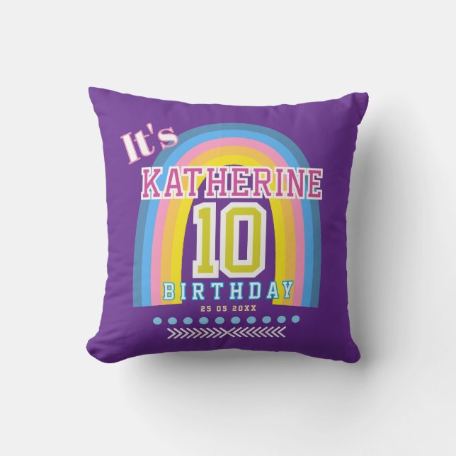 Regnbåge 10-års födelsedag lila kudde (Framsida)