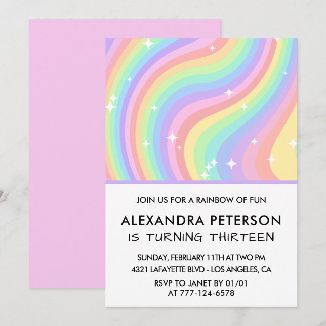 Regnbåge 13-års födelsedagsinbjudningar Pastell Sö Inbjudningar (Fram/baksida)