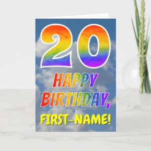 Regnbåge "20" och "GRATTIS PÅ FÖDELSEDAGEN", moln, Kort