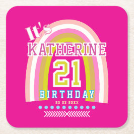Regnbåge 21-årsdag Hot Pink Underlägg Papper Kvadrat