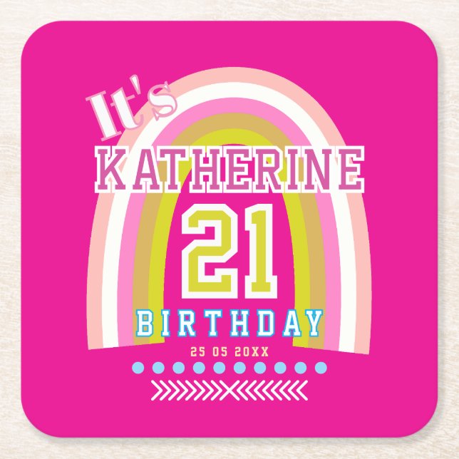 Regnbåge 21-årsdag Hot Pink Underlägg Papper Kvadrat (Framsidan)