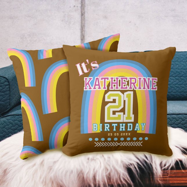Regnbåge 21 Födelsedag Brun Kudde (Rainbow 21 Birthday Brown Throw Pillow)