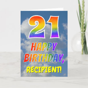 Regnbåge "21" och "GRATTIS PÅ FÖDELSEDAGEN", moln, Kort