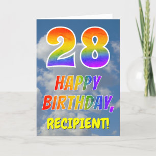 Regnbåge "28" och "GRATTIS PÅ FÖDELSEDAGEN", moln, Kort