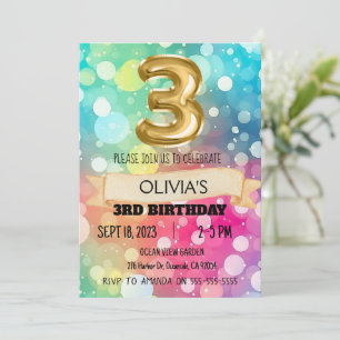 Regnbåge 3 år gammal 3:e födelsedag Party flickor Inbjudningar