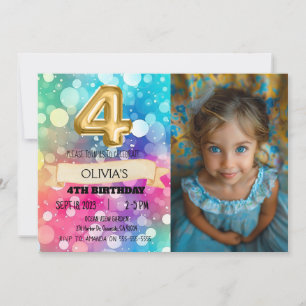 Regnbåge 4 år gamla 4e födelsedagen-fotoflickor fy inbjudningar