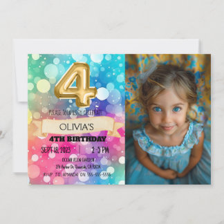 Regnbåge 4 år gamla 4e födelsedagen-fotoflickor fy inbjudningar