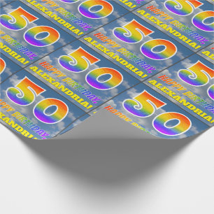 Regnbåge "50" och "GRATTIS PÅ FÖDELSEDAGEN", moln, Presentpapper