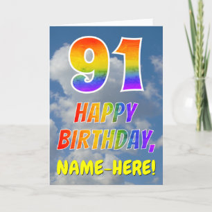 Regnbåge "91" och "GRATTIS PÅ FÖDELSEDAGEN", moln, Kort