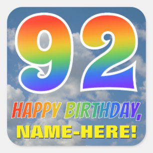 Regnbåge "92" och "GRATTIS PÅ FÖDELSEDAGEN", moln, Fyrkantigt Klistermärke