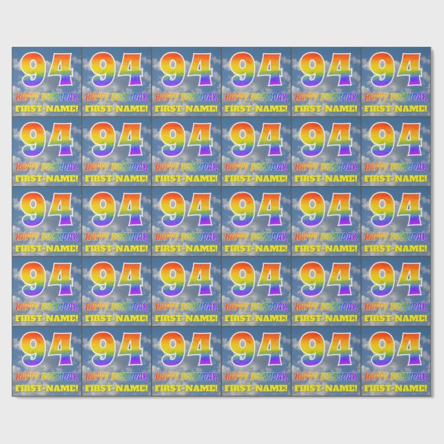 Regnbåge "94" och "GRATTIS PÅ FÖDELSEDAGEN", moln, Presentpapper (Platt)