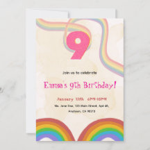 Regnbåge 9-års födelsedagsfest inbjudan