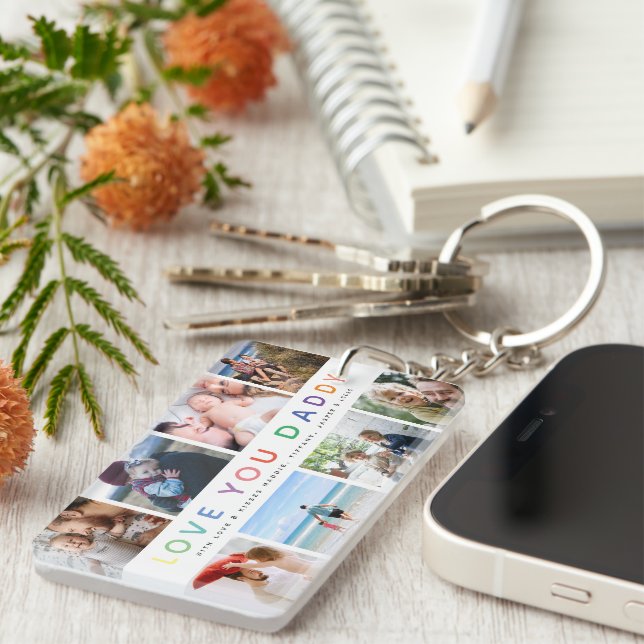 Regnbåge 'ÄLSKAR DIG PAPPA' fotokollage minnessak Nyckelring (Högra Framsidan)