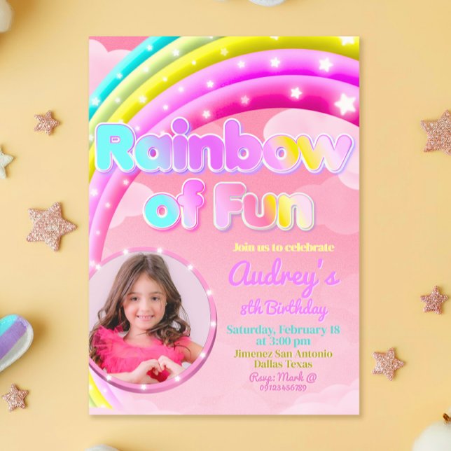 Regnbåge av kul med bild inbjudningar (Rainbow of Fun - Girl Birthday Invitation with Photo)