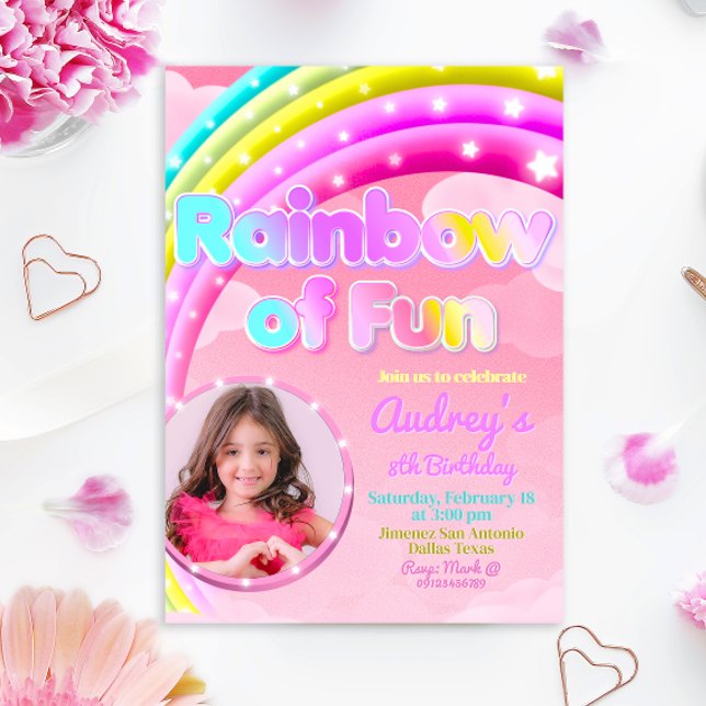 Regnbåge av kul med bild inbjudningar (Rainbow of Fun - Girl Birthday Invitation with Photo)
