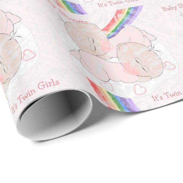 Regnbåge Baby Shower Tvillingflickor Anpassad Presentpapper (Rullad Hörn)
