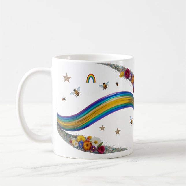 Regnbåge Bee Blommig Glitter Gnistrande Klassisk M Kaffemugg (Vänster)