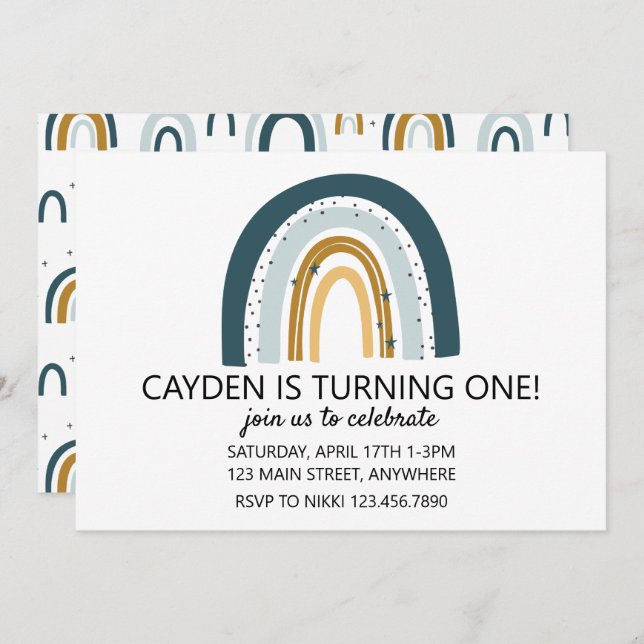 Regnbåge Blue och brun pojkfödelsedag inbjudan (Fram/baksida)