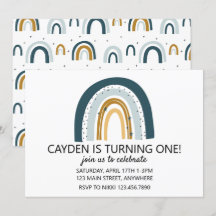 Regnbåge Blue och brun pojkfödelsedag inbjudan