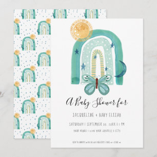 Regnbåge Boho Akvarell Modern Teal Blå Sol Måne Inbjudningar
