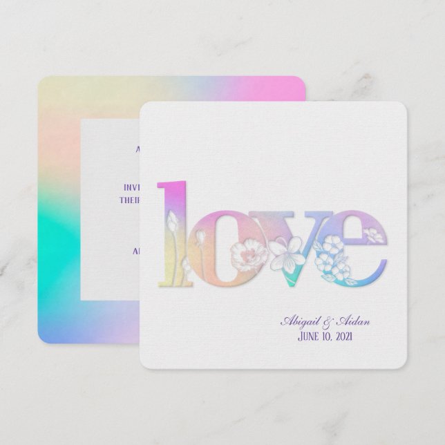 regnbåge bröllop blommigt kärlek på vit  inbjudningar (Fram/baksida)