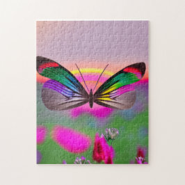 Regnbåge Butterfly som flyger över Fält i blommor Pussel