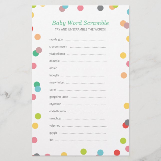 Regnbåge Confetti Baby Ord Scramble Game (Framsida)