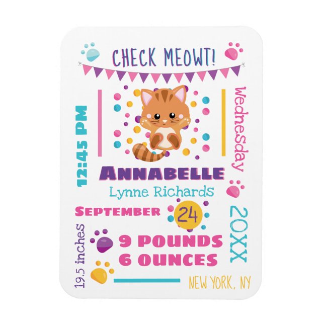 Regnbåge Confetti Cute Kattunge Baby födelsetat Magnet (Vertikal)
