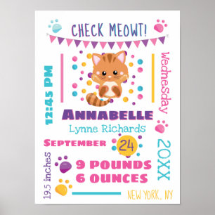 Regnbåge Confetti Cute Kattunge Baby födelsetat Poster