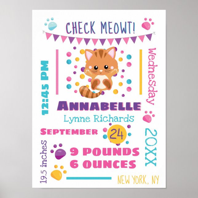 Regnbåge Confetti Cute Kattunge Baby födelsetat Poster (Framsidan)