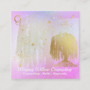 *~* Regnbåge Cosmic Willow Träd Måne Guld Fyrkantigt Visitkort