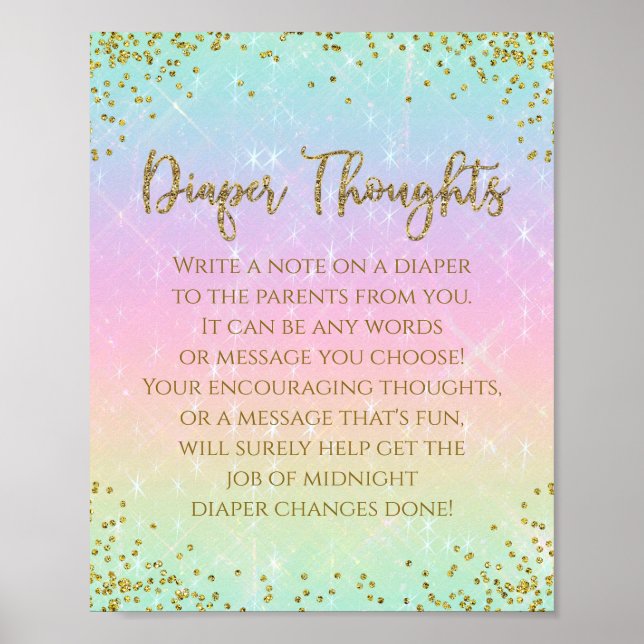 Regnbåge Diaper Thoughts Baby Shower Game Poster (Framsidan)