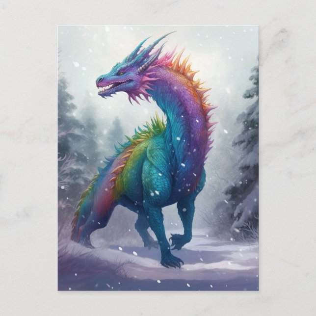 Regnbåge Dragon i Snö Fantasy Art Postcard Vykort (Framsida)