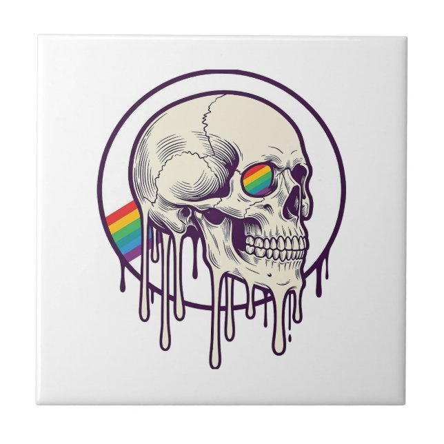 Regnbåge Droppande Skalle Vintage Gravyr Design_1 Kakelplatta (Framsidan)